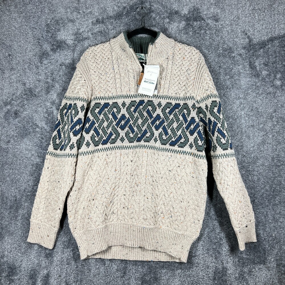 Aran Crafts Ireland Celtic Jacquard 1/4 Zip Merino Wool Sweater Mens Large New
